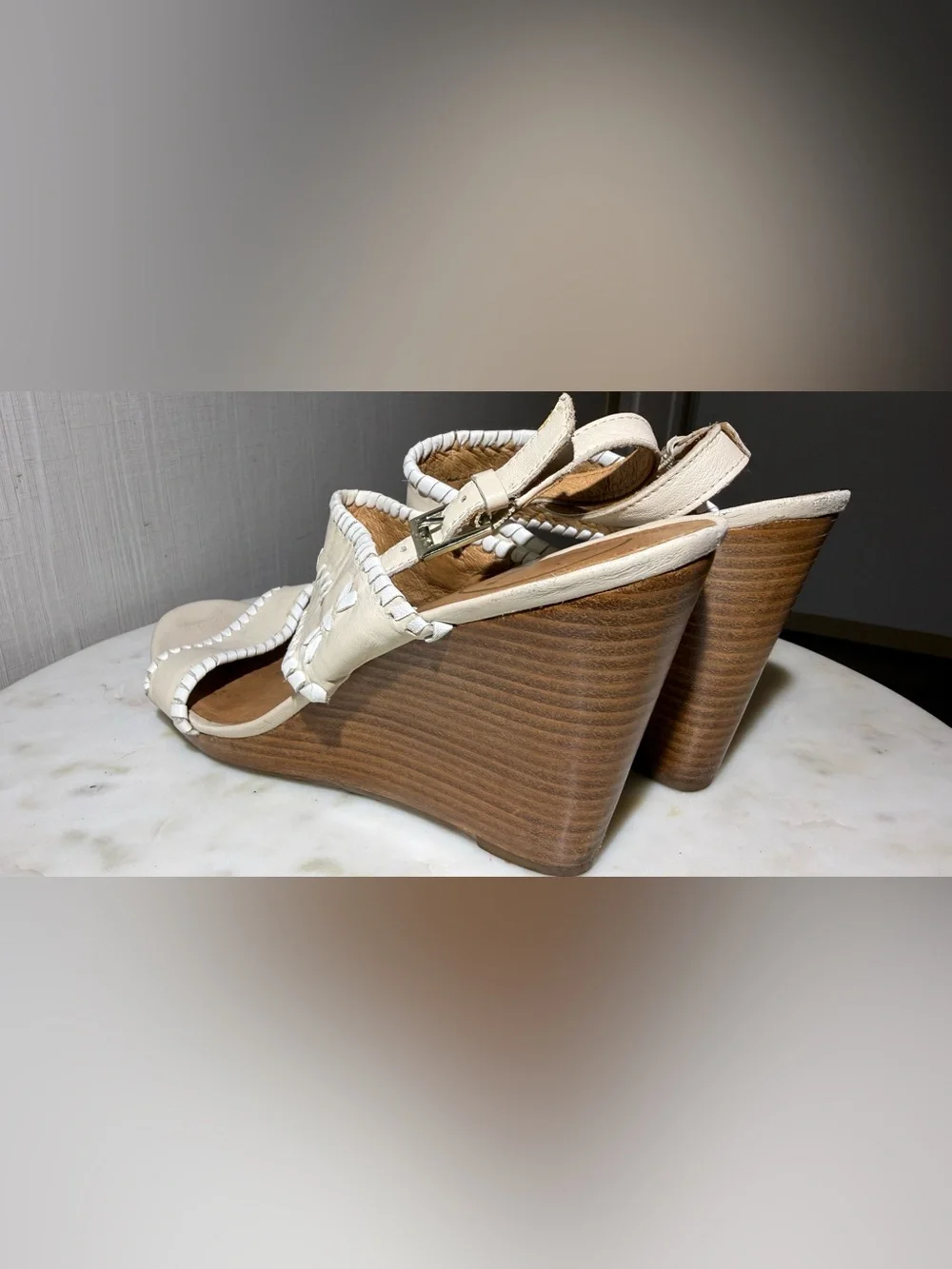 Jack Rogers Cream Leather Wedge Sandals with Whipstitch Detail